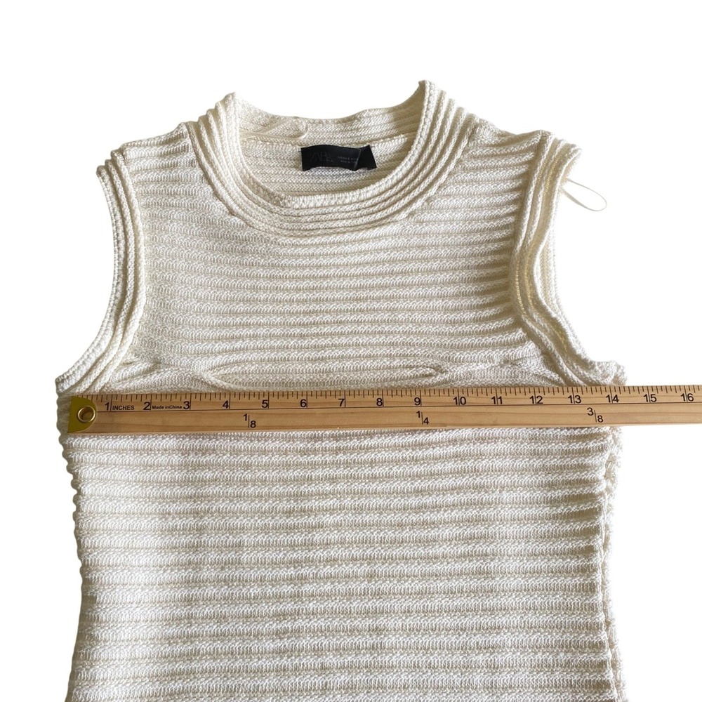 Zara Women's Cream Ribbed Knit Sleeveless Mini Dress Shaggy Fringe Hem Size S - Picture 7 of 9